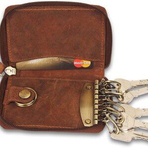 Leather Key Holder Case - Zippered Key Organizer Wallet with 8 Hooks for…